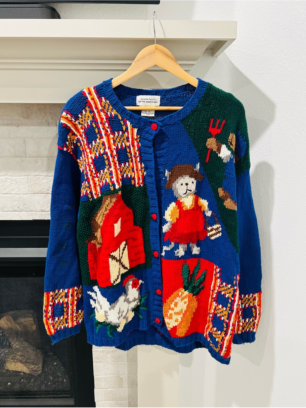 Vintage 90s Eagle's Eye Apple Orchard Hand Knit Farm Novelty Cardigan Sweater